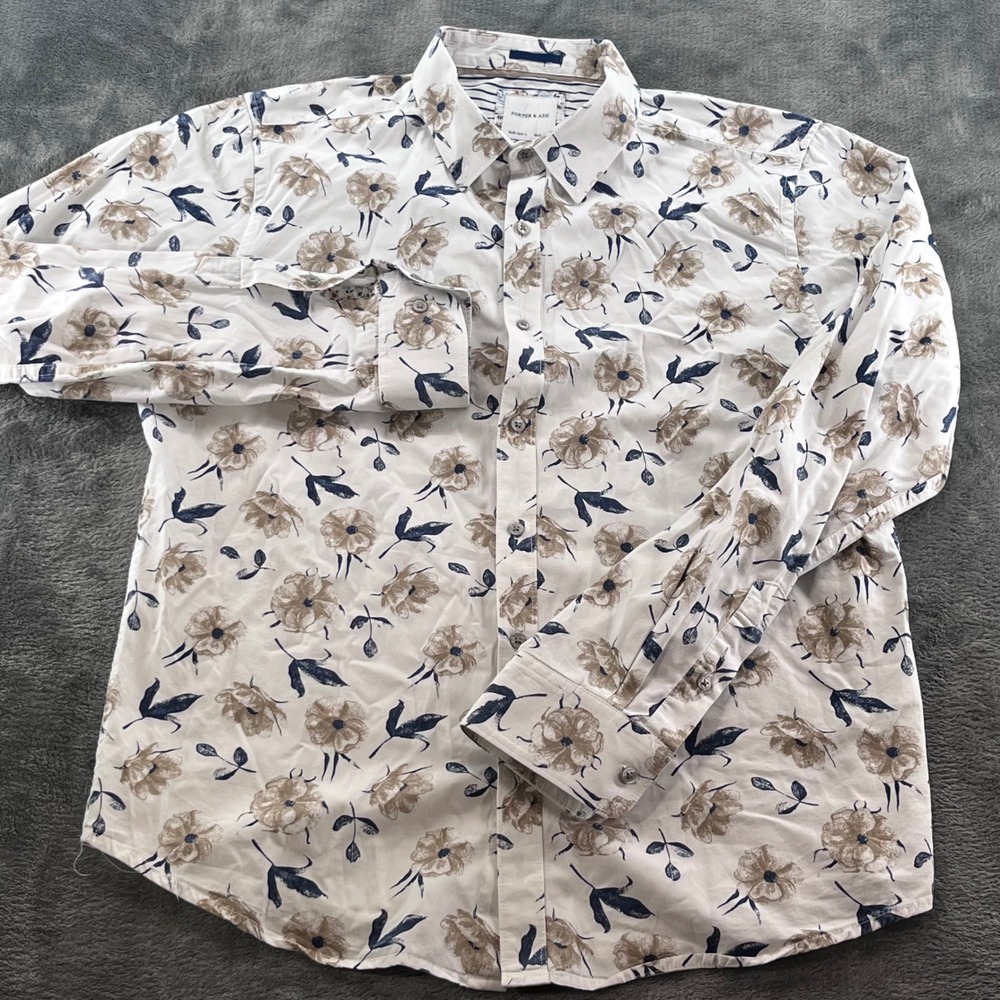 Porter & Ash Mens Large Floral Button Down Shirt White Blue Tan Cotton LS